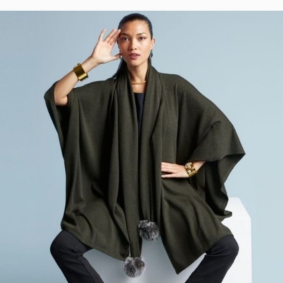 CAbi Sweaters - CAbi Dark Olive Majestic Cardigan Poncho with Pom Poms One size